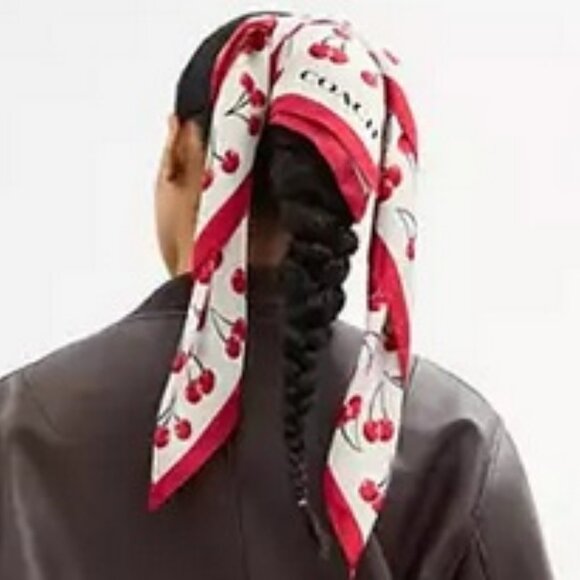 Coach 100% Silk Cherry Swirl Print Square Scarf in Chalk/Red NWT - Picture 2 of 3
